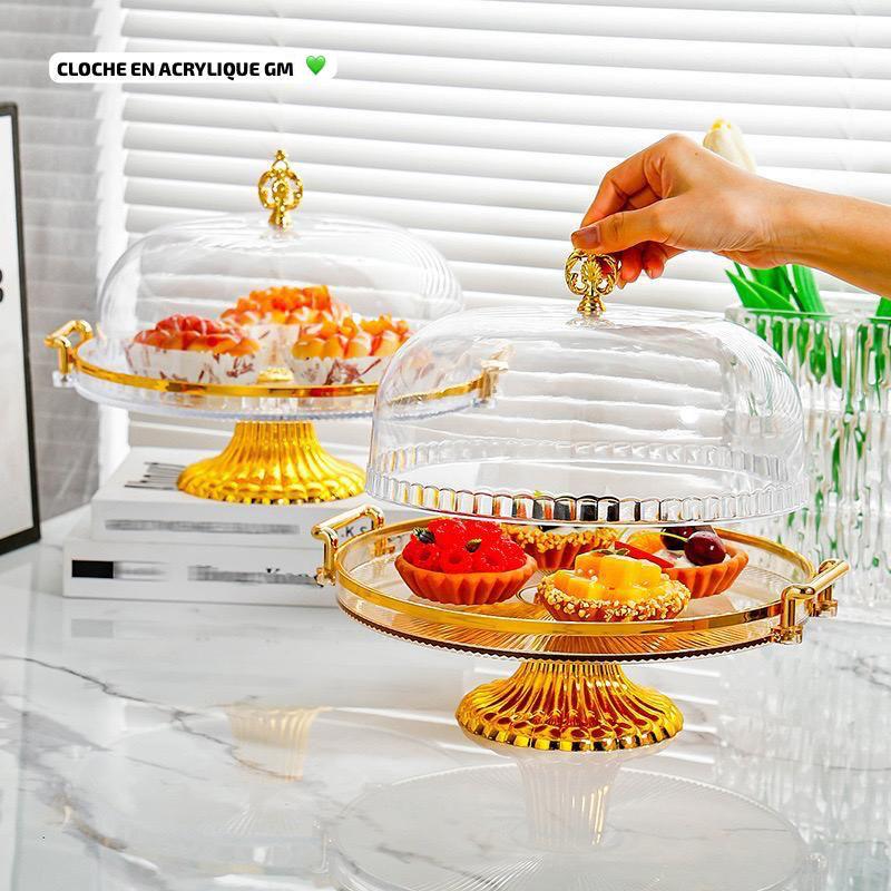 Présentoir à Gâteau Doré avec Cloche Transparente – Plateau & Stand de Gâteau Friday Store