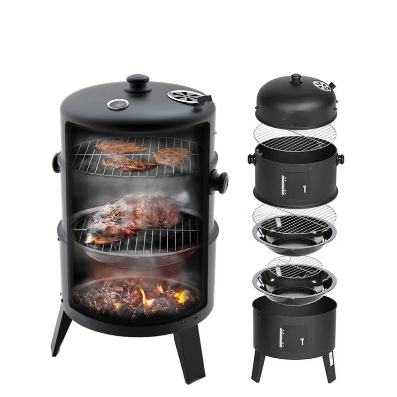 Fumoir Barbecue Vertical Charbon 3 Niveaux – Smoker & Gril Multifonction pour Viandes, Poissons & Légumes