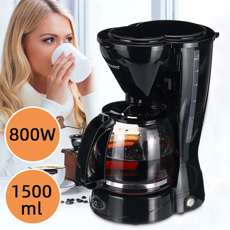 Cafetière filtre électrique 800 W – 1,5 L (12 tasses) – Design noir – Friday Store